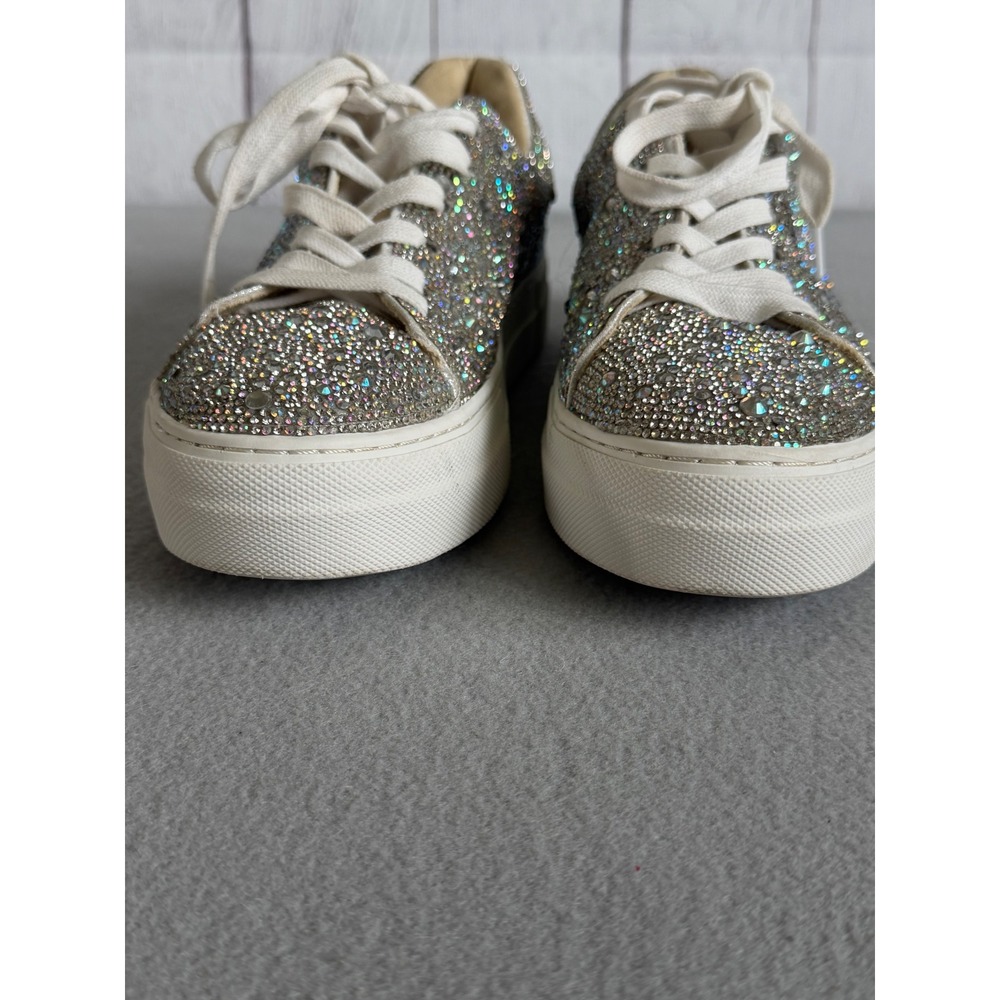 Betsey Johnson Sidny Rhinestone Platform Sneakers Silver Iridescent Sparkle 8.5 - Picture 5 of 10